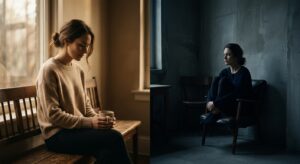 A professional editorial-style photograph featuring a split-tone composition, contrasting a warm, su