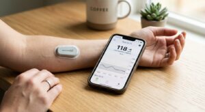 A clean, professional close-up of a glucose monitor and a smartphone on a minimalist desk, soft dayl