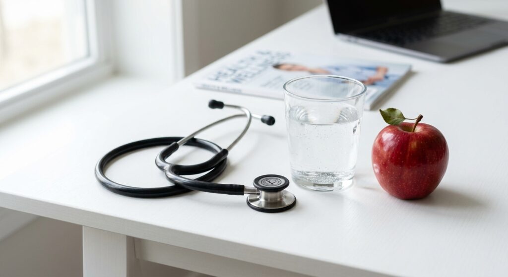 A conceptual shot of a stethoscope resting next to a glass of clean water and a fresh apple on a whi