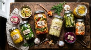A professional, editorial-style flat lay photography showcasing a variety of vibrant glass jars fill