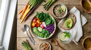 A high-quality, editorial-style flat lay of fresh colorful vegetables, whole grains, and a glass of