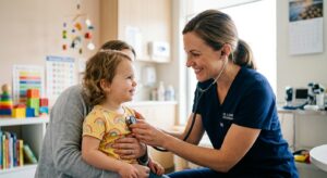 A professional, editorial-style close-up photo of a caring pediatrician gently examining a toddler w