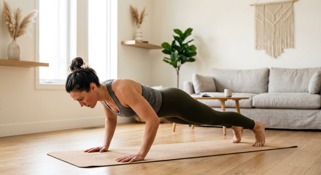 A professional, high-quality editorial shot of a determined person performing a bodyweight fitness e