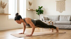 A professional, high-quality editorial shot of a determined person performing a bodyweight fitness e