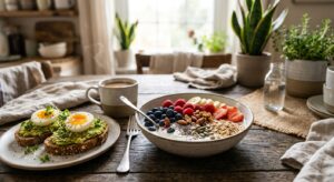 A high-quality, professional editorial photograph of a balanced, healthy breakfast on a rustic woode