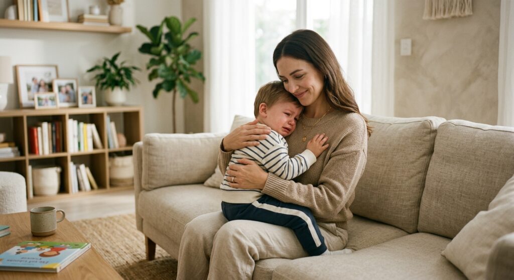 A professional, soft-focus editorial photograph of a caring parent calmly comforting an upset toddle