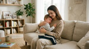 A professional, soft-focus editorial photograph of a caring parent calmly comforting an upset toddle