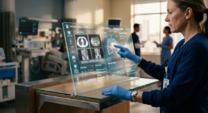 Close-up of a doctor’s hands interacting with a high-tech medical diagnostics dashboard on a sleek t