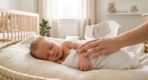 A professional, soft-focus editorial photograph of a newborn baby's delicate skin being gently touch