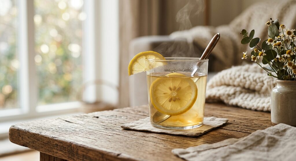 A professional, editorial-style close-up of a glass of warm honey-lemon water on a wooden table, wit