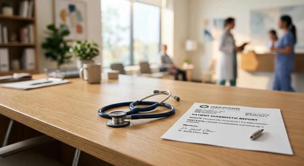 A professional, high-quality editorial photograph featuring a stethoscope placed neatly next to a me