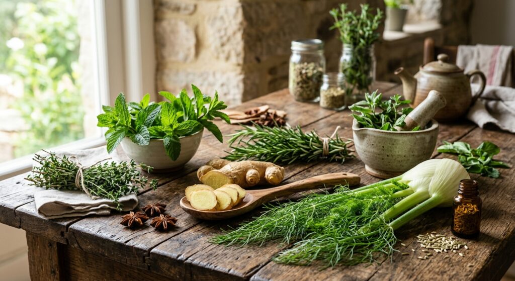 A professional, high-quality editorial shot of an assortment of fresh medicinal herbs like mint, gin