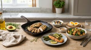 A professional, editorial-style photograph featuring a aesthetic arrangement of diverse high-protein