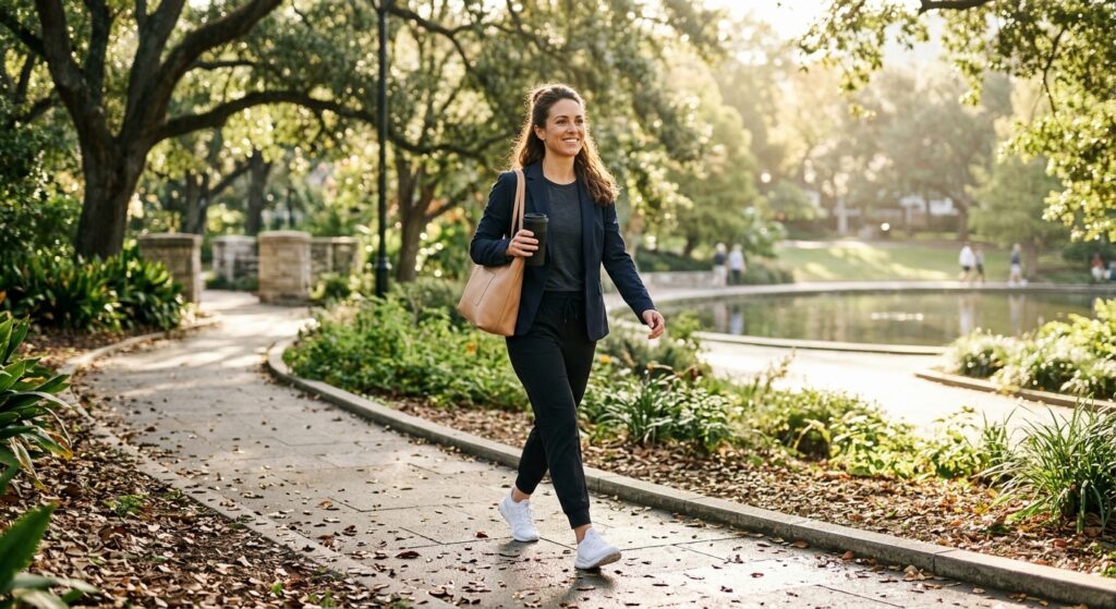 A high-quality, editorial-style photograph of a healthy, motivated person walking through a serene,