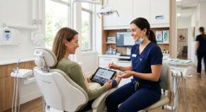 A professional, high-quality editorial photograph of a bright, modern dental office focus on a frien