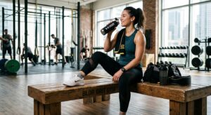 A professional editorial photograph of a fit, relaxed athlete sitting on a wooden bench in a bright,