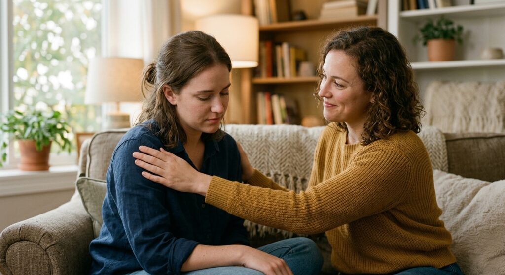 A professional, high-quality editorial photograph capturing a compassionate person gently placing a