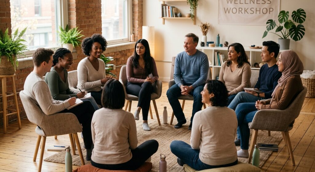 A diverse group of people sitting in a circle during a wellness workshop, soft natural light, warm a