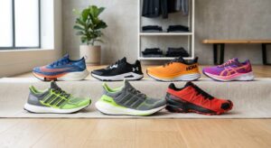 A professional editorial close-up of diverse high-performance athletic footwear neatly arranged in a