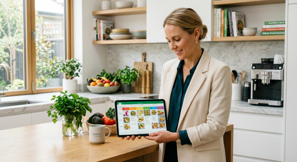 A professional nutritionist in a bright, modern kitchen reviewing a colorful, balanced meal plan on