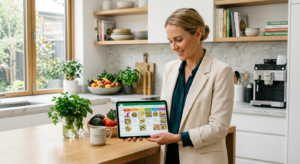 A professional nutritionist in a bright, modern kitchen reviewing a colorful, balanced meal plan on