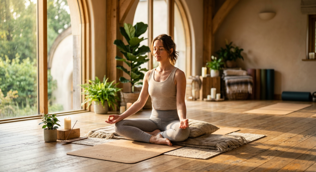 A peaceful atmosphere in a sunlit yoga studio with a person in a meditative pose, soft focus backgro