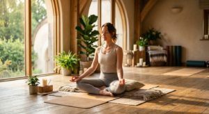 A peaceful atmosphere in a sunlit yoga studio with a person in a meditative pose, soft focus backgro