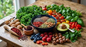 A high-quality composition of fresh organic vegetables, nuts, and superfoods arranged on a wooden ta