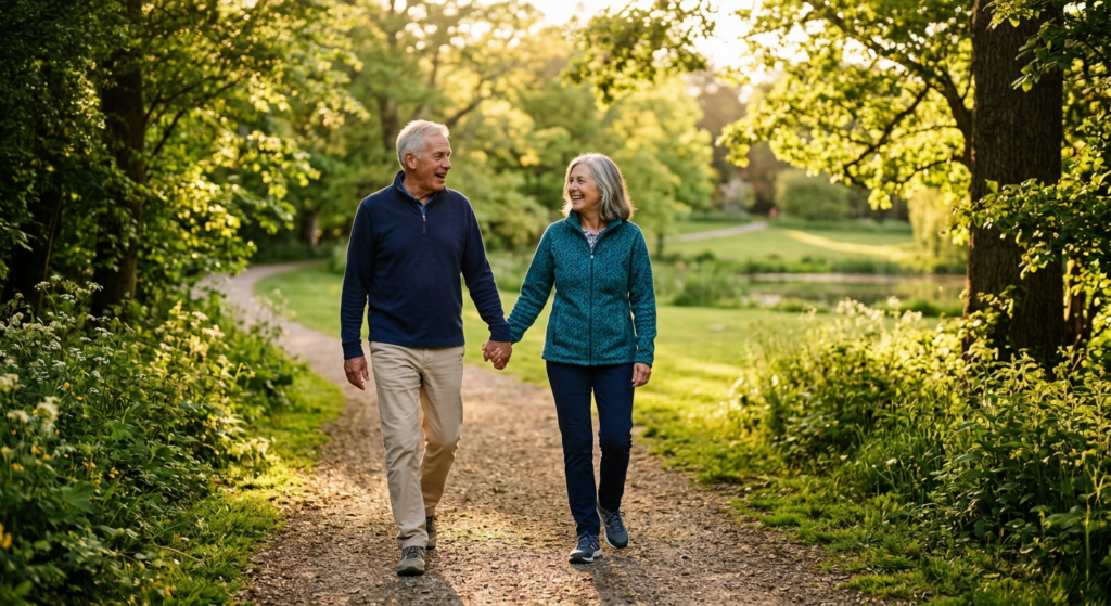 A senior couple walking through a lush green park during golden hour, emphasizing active and healthy
