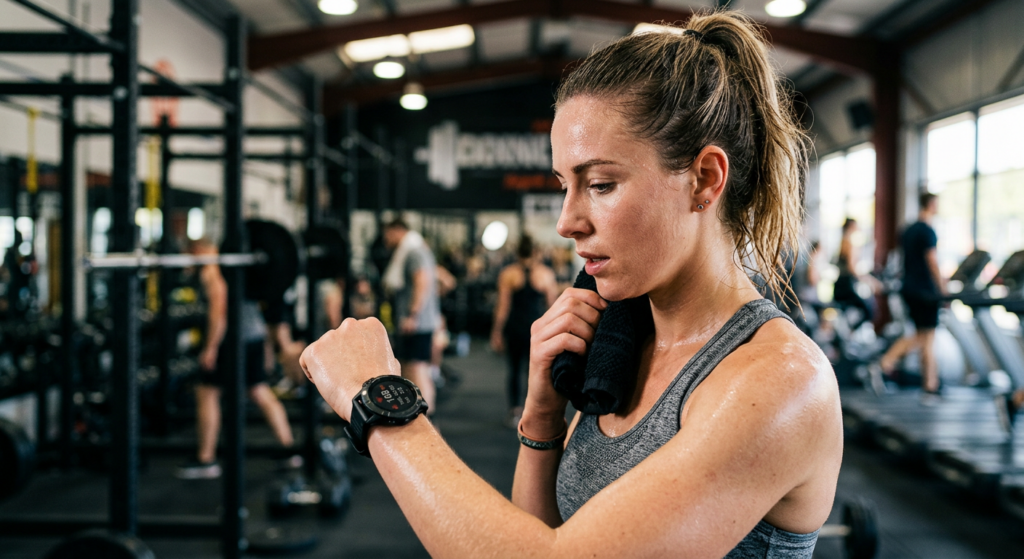 Close-up portrait of a fitness enthusiast tracking heart rate on a smartwatch, blurred gym backgroun