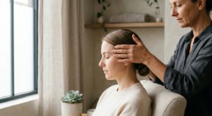 A close-up, professional editorial shot of a therapist’s hands gently applying pressure to a person’