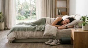 A high-quality, professional editorial photograph of a person peacefully sleeping in a serene, moder