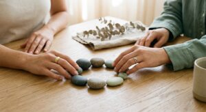 A professional, minimalist editorial photograph of two hands gently setting a symbolic stone barrier