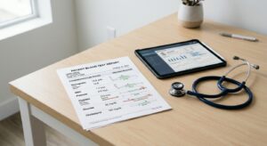 A professional, high-quality editorial photograph featuring a printed blood test report placed on a