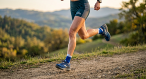 A high-quality, editorial-style photograph of a runner's legs in motion on a scenic trail, with a so