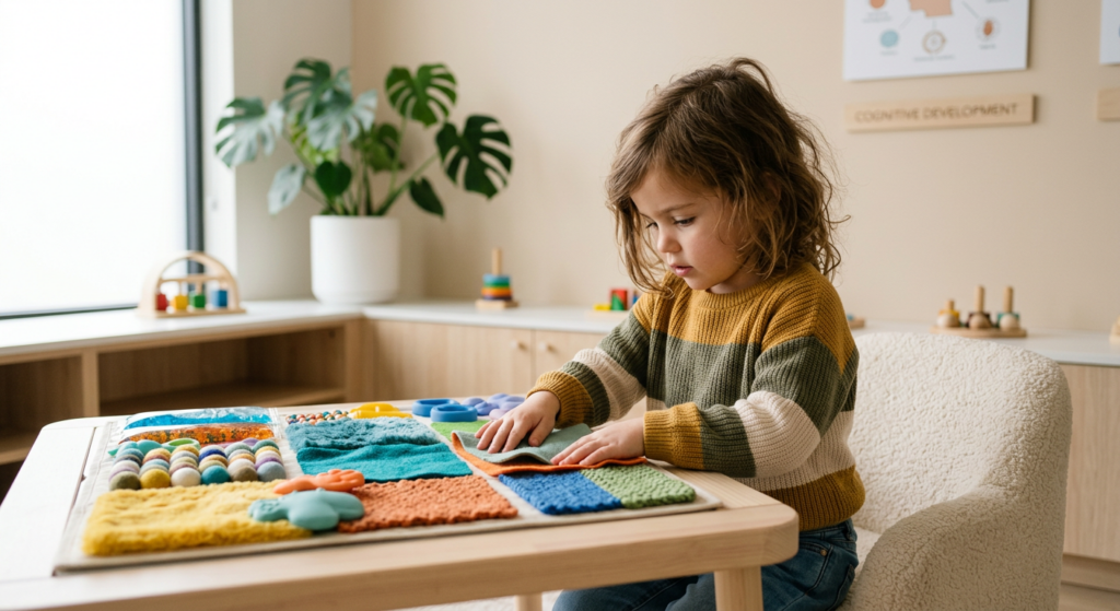 A high-quality, professional editorial photograph of a curious child engaging with colorful sensory