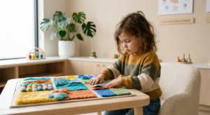 A high-quality, professional editorial photograph of a curious child engaging with colorful sensory