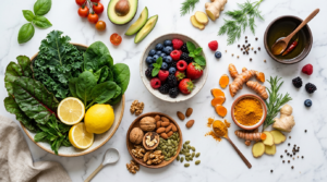 A professional, editorial-style flat lay featuring a colorful assortment of fresh anti-inflammatory