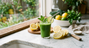 A professional, high-quality editorial photograph featuring a glass of fresh green vegetable juice a