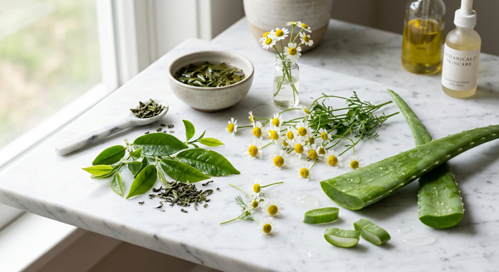 A clean, high-end editorial shot of fresh organic botanical ingredients like green tea leaves, chamo