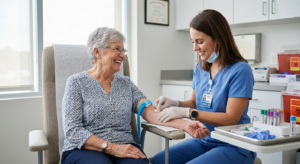 A professional, editorial-style photograph of a senior woman smiling while a healthcare professional