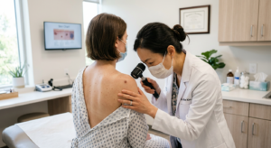 A professional, high-quality editorial photograph of a dermatologist using a dermatoscope to careful