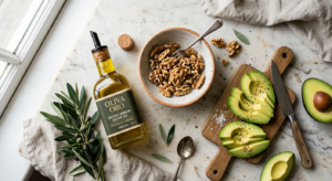 A professional, editorial-style flat lay photography of premium healthy fats, including extra virgin