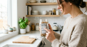 A professional close-up of a person carefully reading the nutrition label on a glass jar in a bright