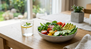 A professional, minimalist editorial shot of a bowl of fresh, colorful vegetables and a glass of wat