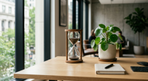 A professional, minimalist visual of a calm business setting featuring a stylized hourglass next to