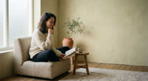 A stylized, high-quality editorial photograph of a person sitting in a quiet, softly lit minimalist