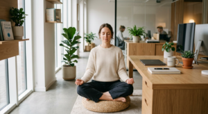 A professional editorial-style photograph of a serene person practicing mindfulness in a modern, lig