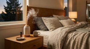 A high-quality, editorial-style photograph featuring a steaming aromatherapy diffuser on a minimalis