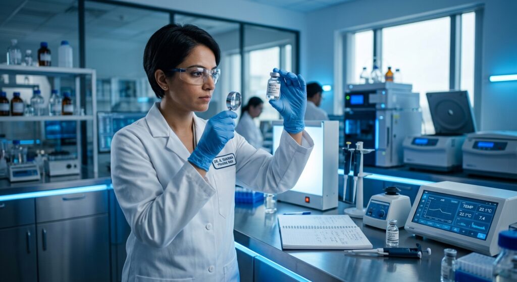 Modern laboratory interior with a scientist examining a pharmaceutical vial, cool blue tones, sharp